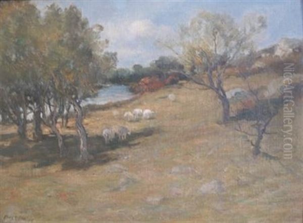 Country Landscape With Sheep Grazing Oil Painting by Charles Paul Gruppe