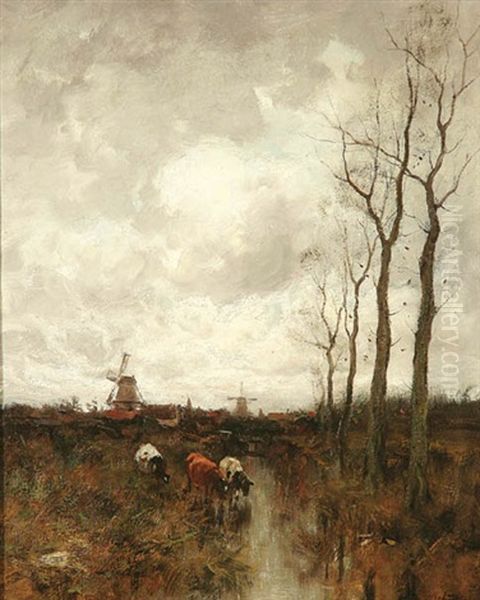 Dutch Landscape With Cattle Grazing Oil Painting by Charles Paul Gruppe