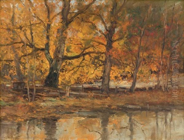 Trees By A River, Autumn Oil Painting by Charles Paul Gruppe