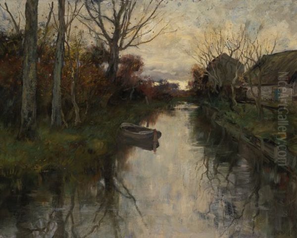 A Dutch Canal Oil Painting by Charles Paul Gruppe