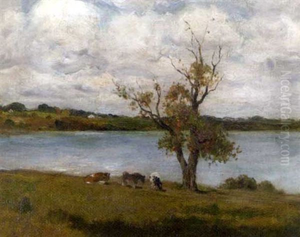 Cattle Grazing By A River Oil Painting by Charles Paul Gruppe