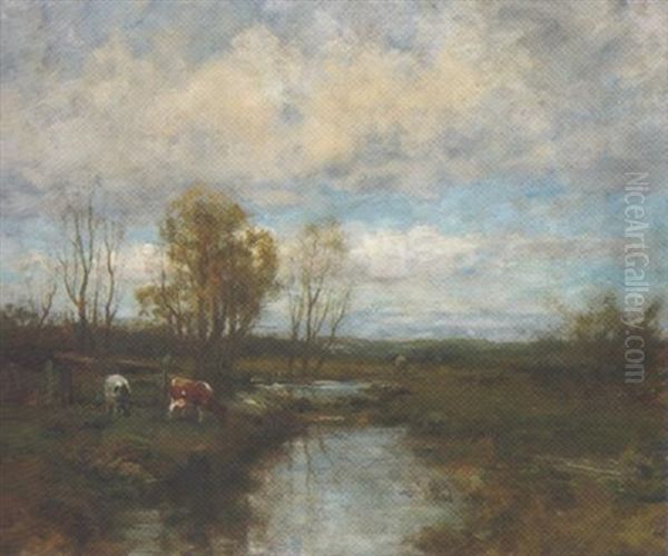 Cows Watering In A Stream Oil Painting by Charles Paul Gruppe