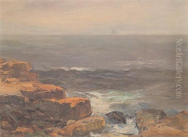 Rocky Coastline With Distant Ship Oil Painting by Charles Paul Gruppe