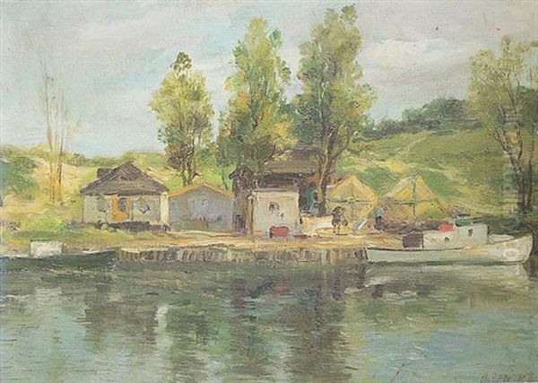 Fishing Shacks Along The Shore Oil Painting by Charles Paul Gruppe