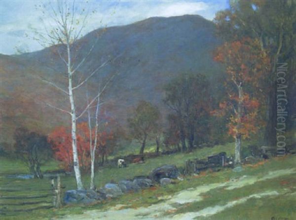 Cows Grazing In An Autumn Landscape Oil Painting by Charles Paul Gruppe