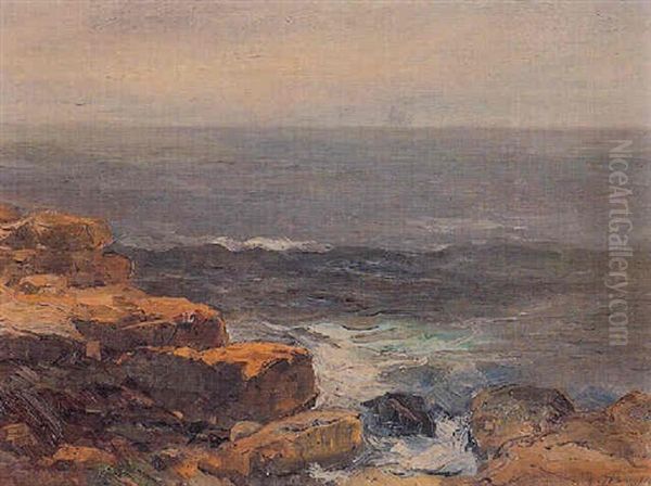 Rocky Coastline With A Distant Ship Oil Painting by Charles Paul Gruppe