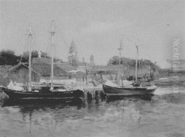 Schooners Moored In Gloucester Harbor Oil Painting by Charles Paul Gruppe