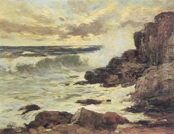 Crashing Surf Along A Rocky Coast Oil Painting by Charles Paul Gruppe