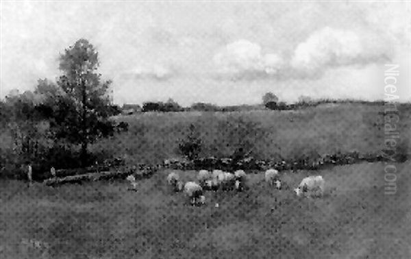 Expansive Landscape With Sheep And A Rock Fence Oil Painting by Charles Paul Gruppe