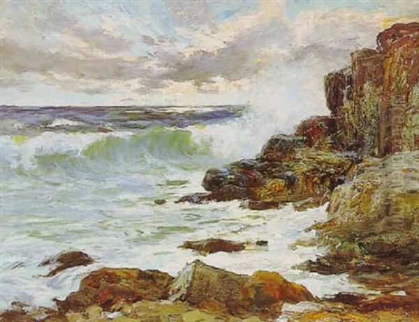 Breaking Waves On The Rocks Oil Painting by Charles Paul Gruppe