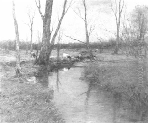 Cows Grazing By A Stream Oil Painting by Charles Paul Gruppe