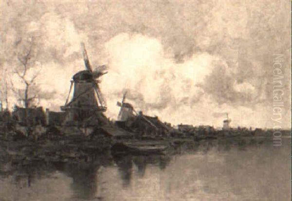 Windmills Along A Canal Oil Painting by Charles Paul Gruppe