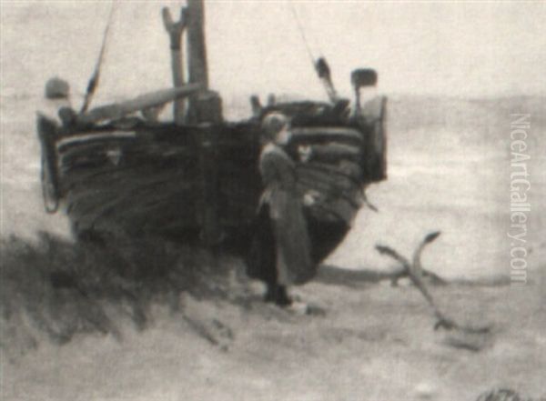 Woman By Beached Boat Oil Painting by Charles Paul Gruppe