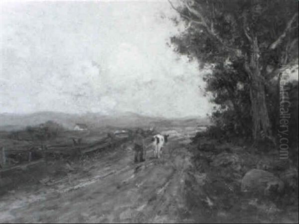 Country Road With Farmer And Cow Oil Painting by Charles Paul Gruppe