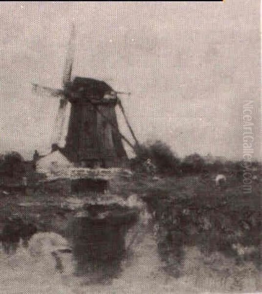 Windmill In A Landscape Oil Painting by Charles Paul Gruppe