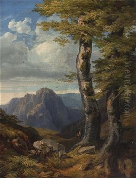 Landscape With Deer Oil Painting by Julius Theodor Gruss