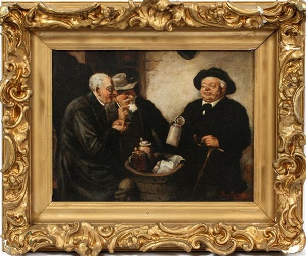 Three Men In Tavern Oil Painting by Eduard von Gruetzner