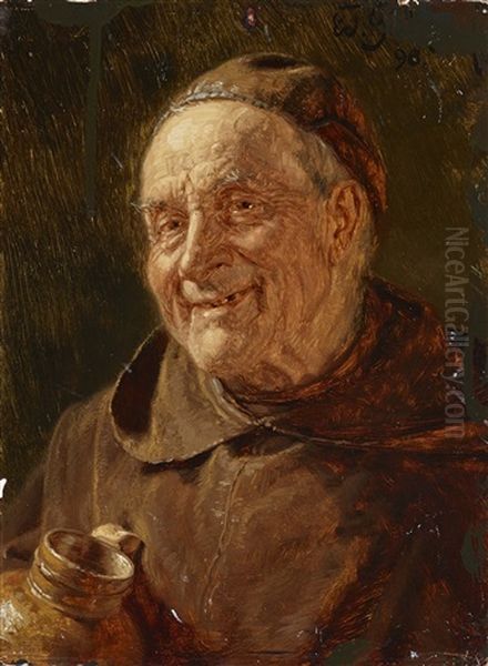 Monk With Earthen Wine Jug Oil Painting by Eduard von Gruetzner