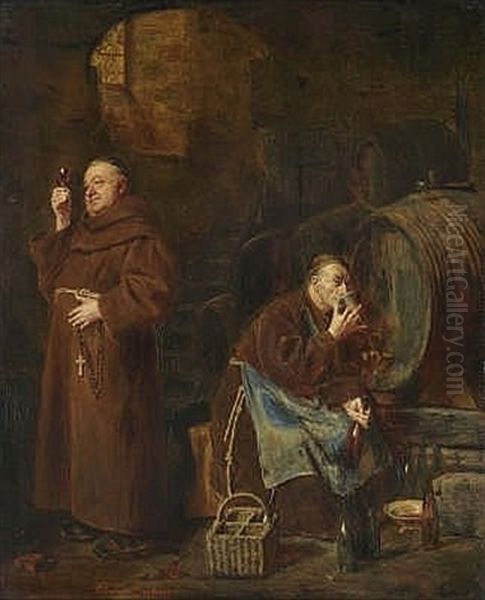 Wine Tasting Two Monks In The Wine Cellar Oil Painting by Eduard von Gruetzner