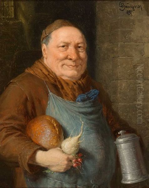 Portrait Eines Monches Mit Bierkrug, Rettich Und Brotlaib Oil Painting by Eduard von Gruetzner