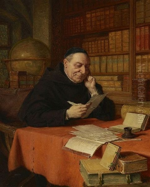 Briefschreibender Monch In Der Klosterbibliothek Oil Painting by Eduard von Gruetzner