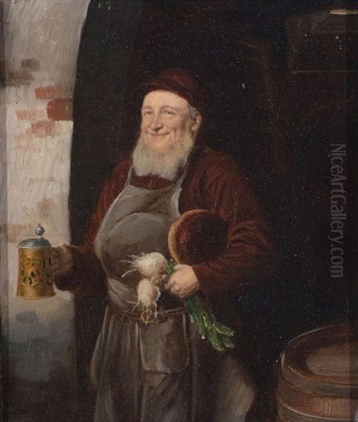 Chef Emerging From Wine Cellar Bearing Egyptian Walking Onions, A German Beer Stein, And A Top Round Roast (or Loaf Of Bread) Oil Painting by Eduard von Gruetzner