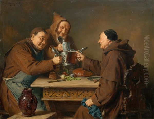 Three Monks At Mealtime Oil Painting by Eduard von Gruetzner