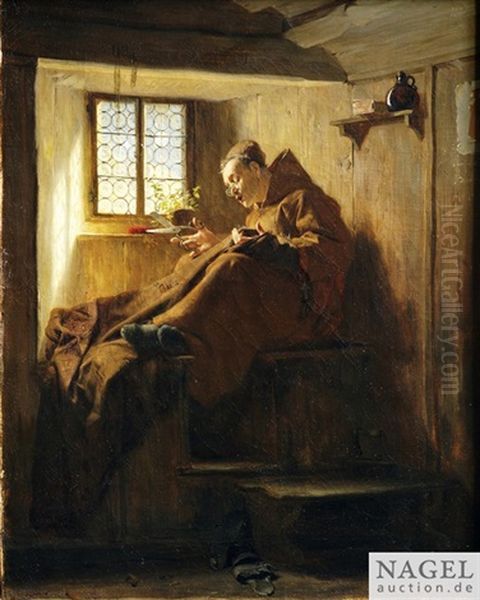 Bruder Schneider In Seiner Monchszelle, An Einer Monchskutte Nahend Oil Painting by Eduard von Gruetzner