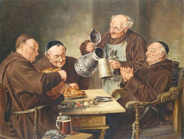 Monks Dining; Monks Imbibing (a Pair) Oil Painting by Eduard von Gruetzner