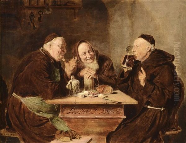 In A Monasterial Tavern. A Genre Scene Picturing A Group Of Three Drinking And Smoking Monks Behind A Table With Food. One Of Many Varieties Of Author's Classical Theme Oil Painting by Eduard von Gruetzner