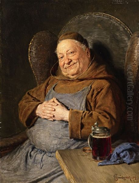 A Seated Monk With A Tankard Oil Painting by Eduard von Gruetzner