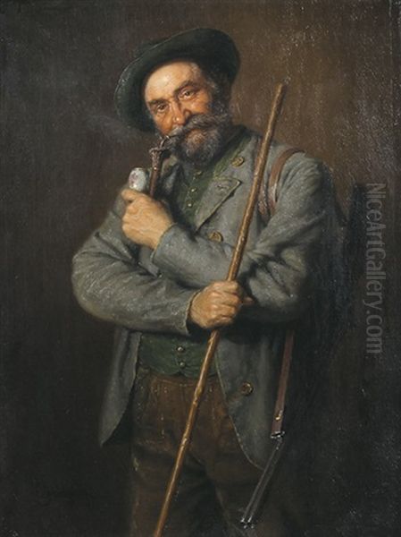 Pfeife Rauchender Jager Oil Painting by Eduard von Gruetzner