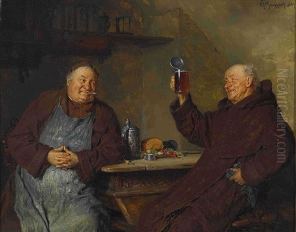 Zwei Monche Bei Der Brotzeit Im Klosterkeller Oil Painting by Eduard von Gruetzner