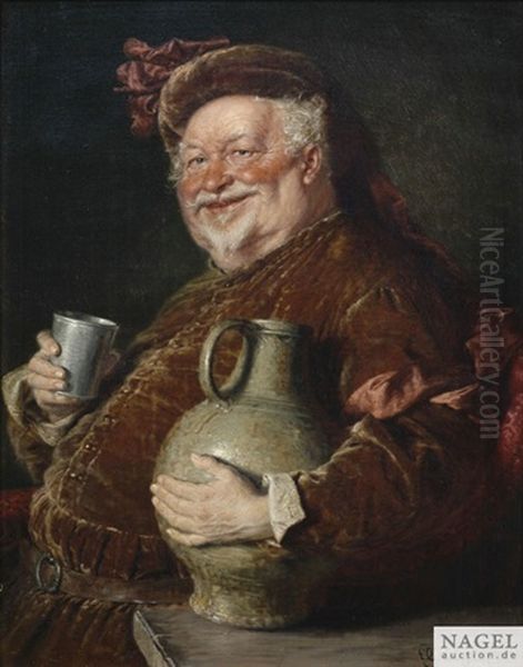 Falstaff Am Tisch Mit Weinkrug Und Zinnbecher Oil Painting by Eduard von Gruetzner