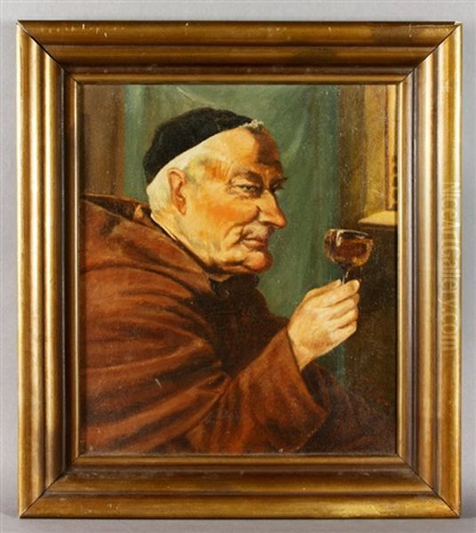 Portrait Of A Monk Holding A Glass Oil Painting by Eduard von Gruetzner