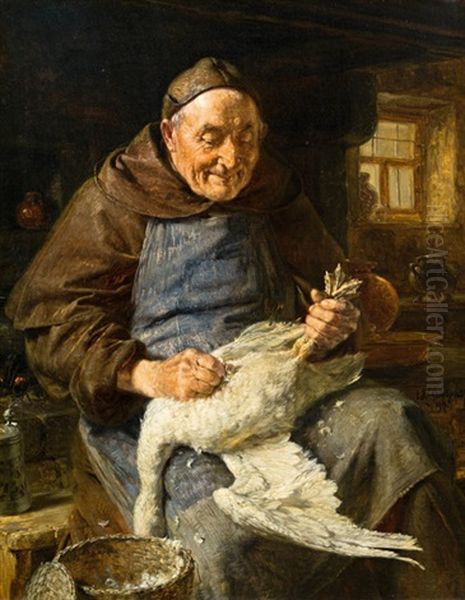 Monch Beim Ganserupfen Oil Painting by Eduard von Gruetzner