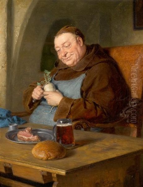 Sitzender Monch Beim Mahl Oil Painting by Eduard von Gruetzner