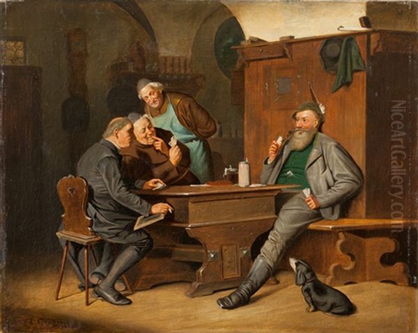 Gaststube Mit Geistlichen Und Forster Beim Kartenspiel Oil Painting by Eduard von Gruetzner