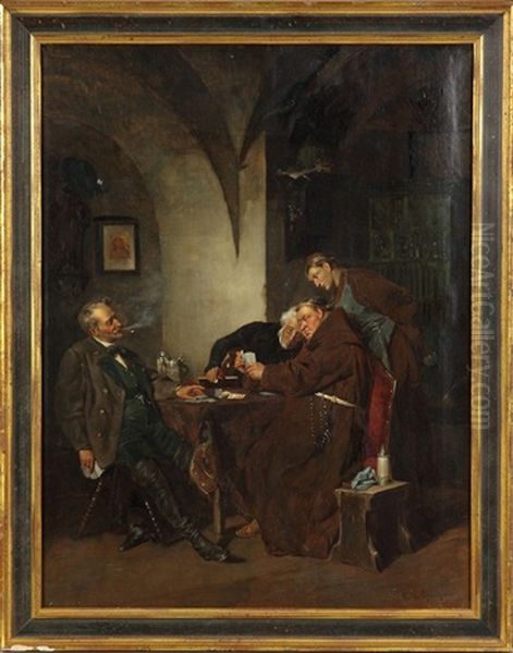 Card Game With Friar Oil Painting by Eduard von Gruetzner