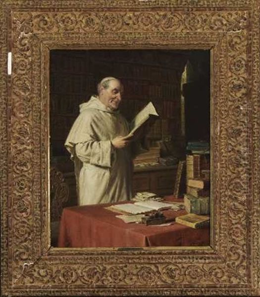 Lesender Pramonstratensermonch In Der Klosterbibliothek Oil Painting by Eduard von Gruetzner