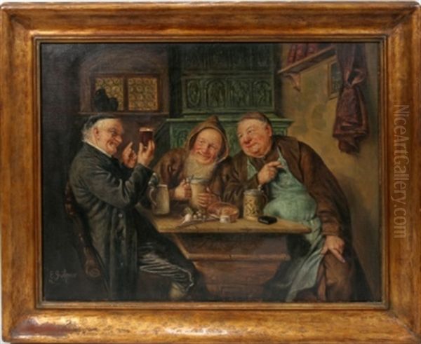 Three Men In A Pub Oil Painting by Eduard von Gruetzner