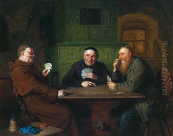 Monch, Jager Und Pfarrer Beim Kartenspiel Oil Painting by Eduard von Gruetzner