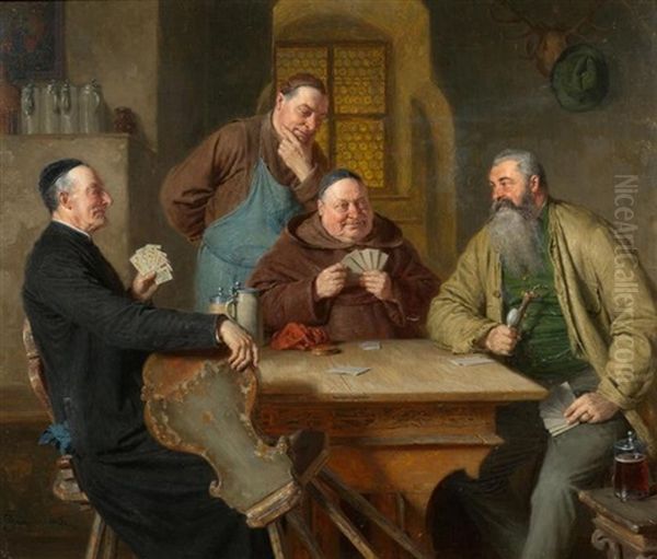 Jager, Monch Und Kardinal Beim Kartenspiel Oil Painting by Eduard von Gruetzner