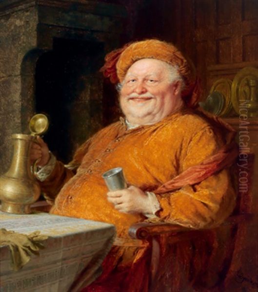 Falstaff Mit Weinkanne Und Becher Oil Painting by Eduard von Gruetzner