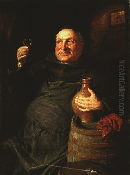 Monch Mit Bartmannskrug Und Weinglas - Der Kellermeister Oil Painting by Eduard von Gruetzner