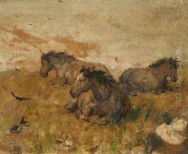 Ponies Sheltering Oil Painting by Nathaniel Hughes John Baird