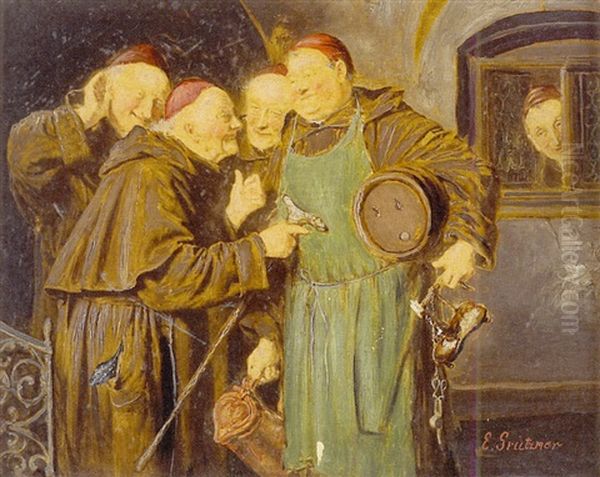 Interior Scene Of Monks, One Wearing A Green Apron And Holding A Flagon And A Cask Oil Painting by Eduard von Gruetzner