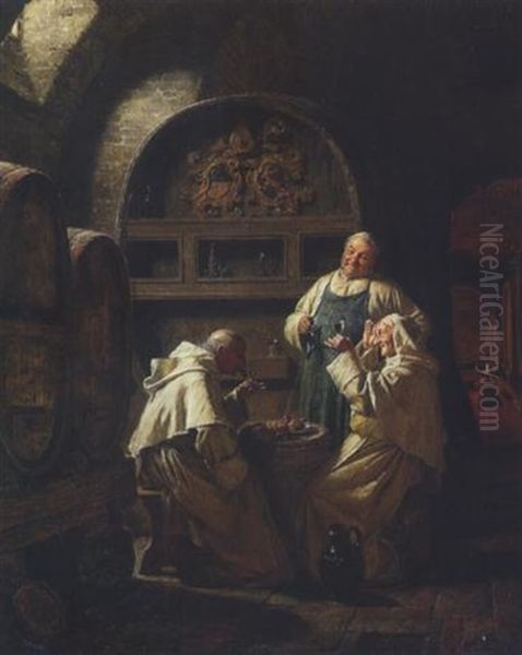 Weinprobe: Bruder Kellermeister Und Zwei Monche Im Weinkeller Beim Verkosten, Prufen Farbe Und Duft Des Neuen Jahrgangs Oil Painting by Eduard von Gruetzner