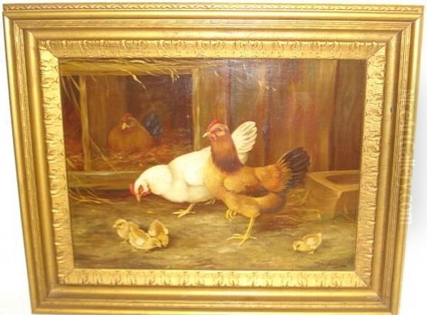 Cockerel Hen And Chicks Oil Painting by Victor Baird