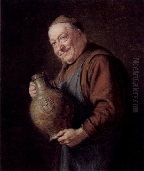 Lachelnder Monch Mit Weinkrug Oil Painting by Eduard von Gruetzner